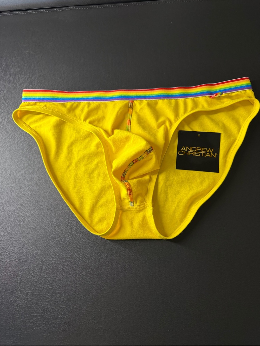 Andrew Christian Pride Briefs Large Yellow with Rainbow Trim